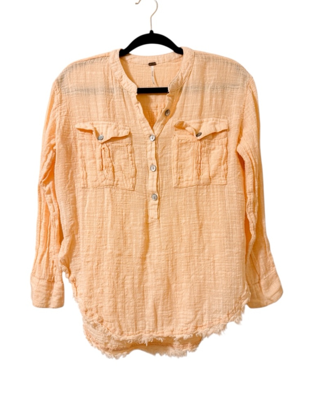 Free People Talk To Me Peach Crinkled Gauze Long Sleeve Tunic Top Size Small